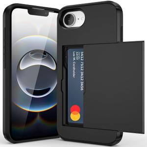for iPhone 16e Case with Credit Card Holder, Wallet Case Slide Cover Dual Layer Hard PC Rubber Cover Phone Case for iPhone 16e 6.1'' 2025 Black