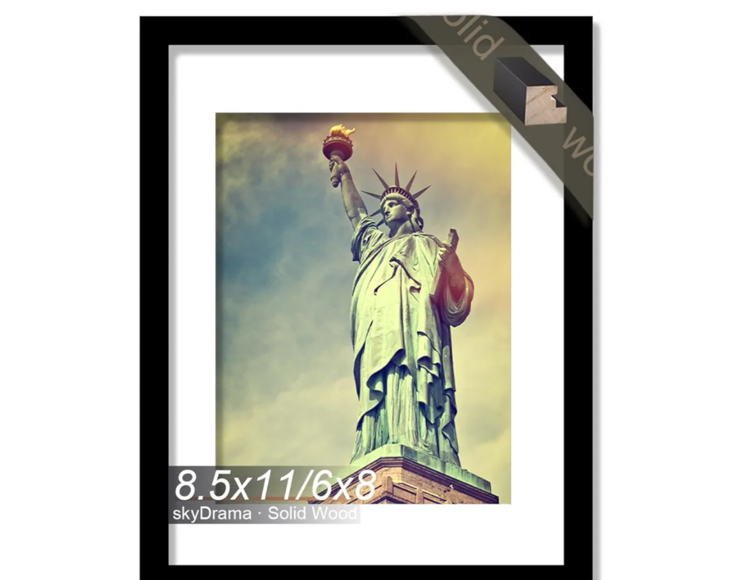 skyDrama 100% Solid Wood 8.5 x 11 Picture Frame, Black Frame Display Photo 6x8 with Mat or 8.5x11 without Mat, 8.5 by 11 HQ Matte Black Frame for Wall - 1 Pack/Black/8.5"x11"