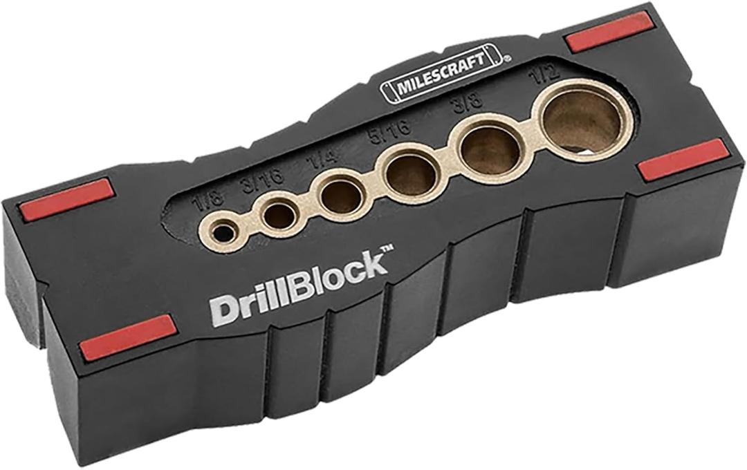 Milescraft 1312 Drill Block - Handheld Drilling Guide, Drilling Jig with Drill Guides for 6 of the Most Common Imperial Drill Bit Sizes, Precision Drilling Tool Accessory