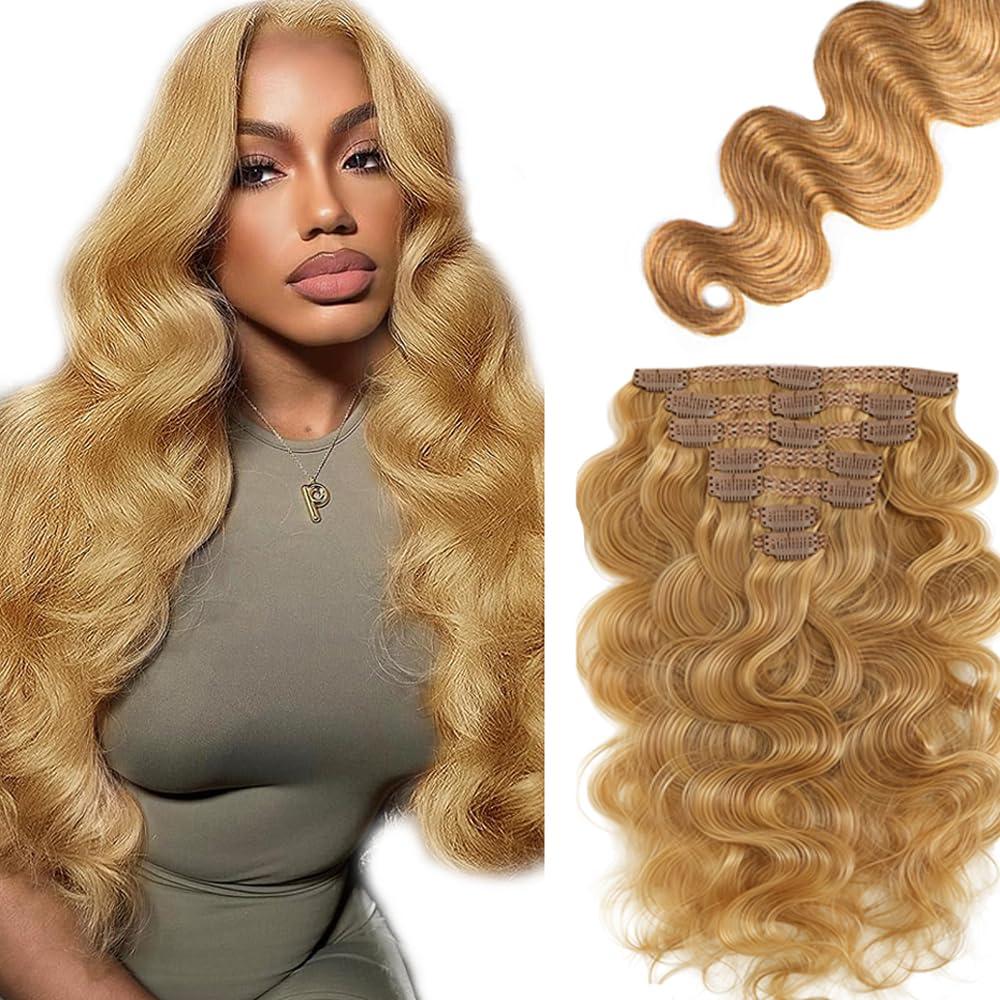 #27 Blonde Clip in Hair Extensions,Soft Real Human Hair 120g 7pcs,22 Inch Brazilian Remy #27 Clip ins for Women,Honey Blonde Body Wave Clip ins Silky Hair Extensions
