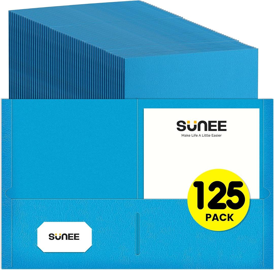 SUNEE Folders with Pockets(125 Pack, Blue), 2 Pocket Folders Fit Letter Size Paper, Paper File Folder for School Office Home Business
