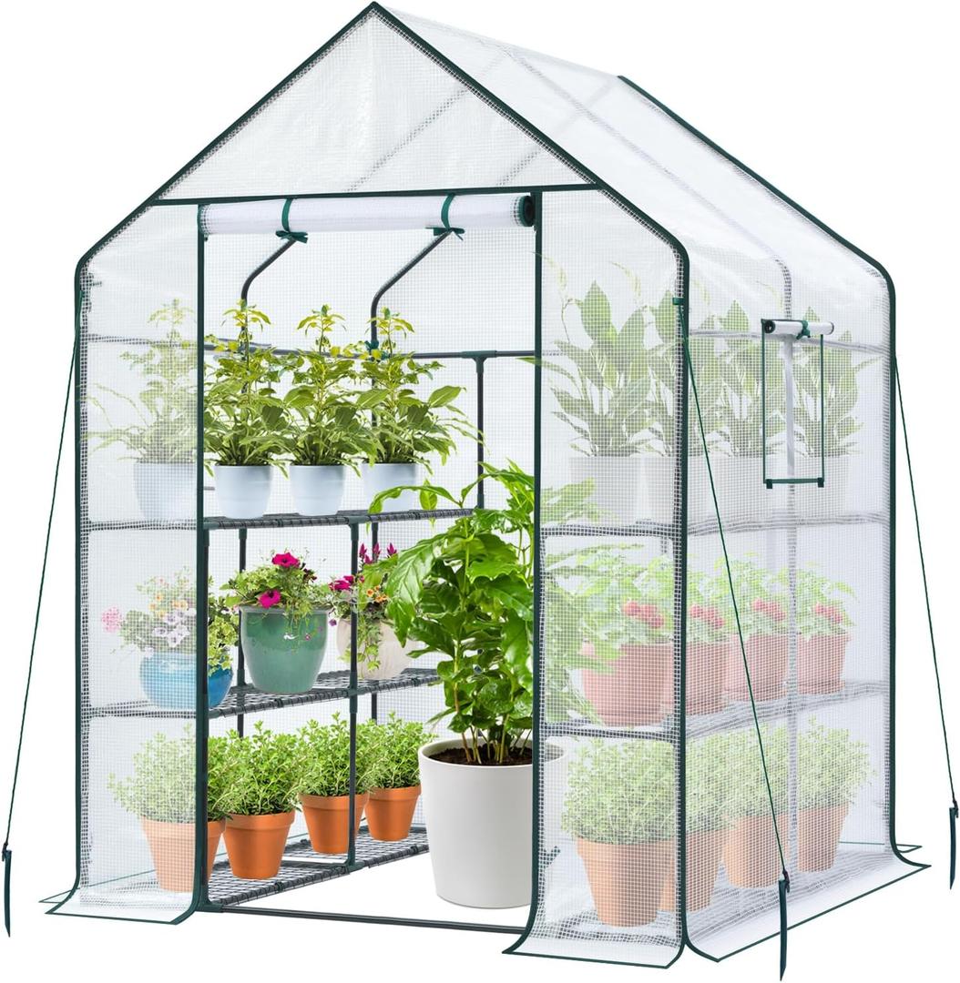 Ohuhu Greenhouse for Outdoors: 3 Tiers 12 Shelves Walk-in Indoor Green House Heavy Duty Plant Stands Reinforced Plastic PE Cover Mini Portable Warm House for Outside, 4.8x2.5x6.4 FT