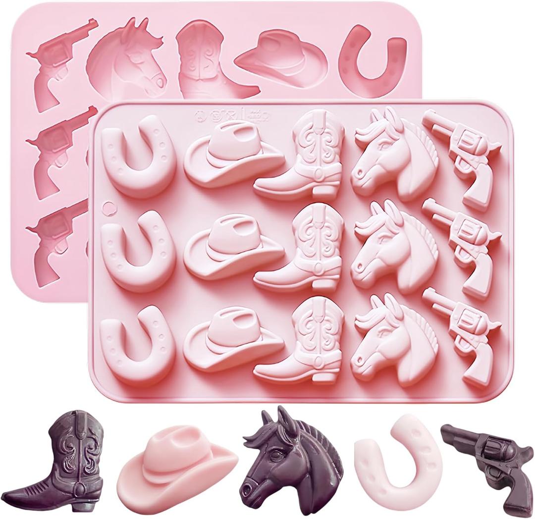 Cowboy Chocolate Molds Silicone, Western Themed Molds with Cowboy Hat, Boot, Horse, Saddle for Candy, Cakesicle, Cupcake, Jello, Ice Cube, Candle & Party Decorations (Pink-2PC)