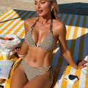 ZAFUL Women's Triangle String Bikini Set Boho Tie Side Two Piece Swimsuit Straps Halter Beads Bathing Suit (Brown, S)