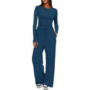 Darong Women's 2 Piece Lounge Sets 2026 Long Sleeve Tops and Wide Leg Pants Set Matching Travel Airport Outfit (Large, Peacock Blue)