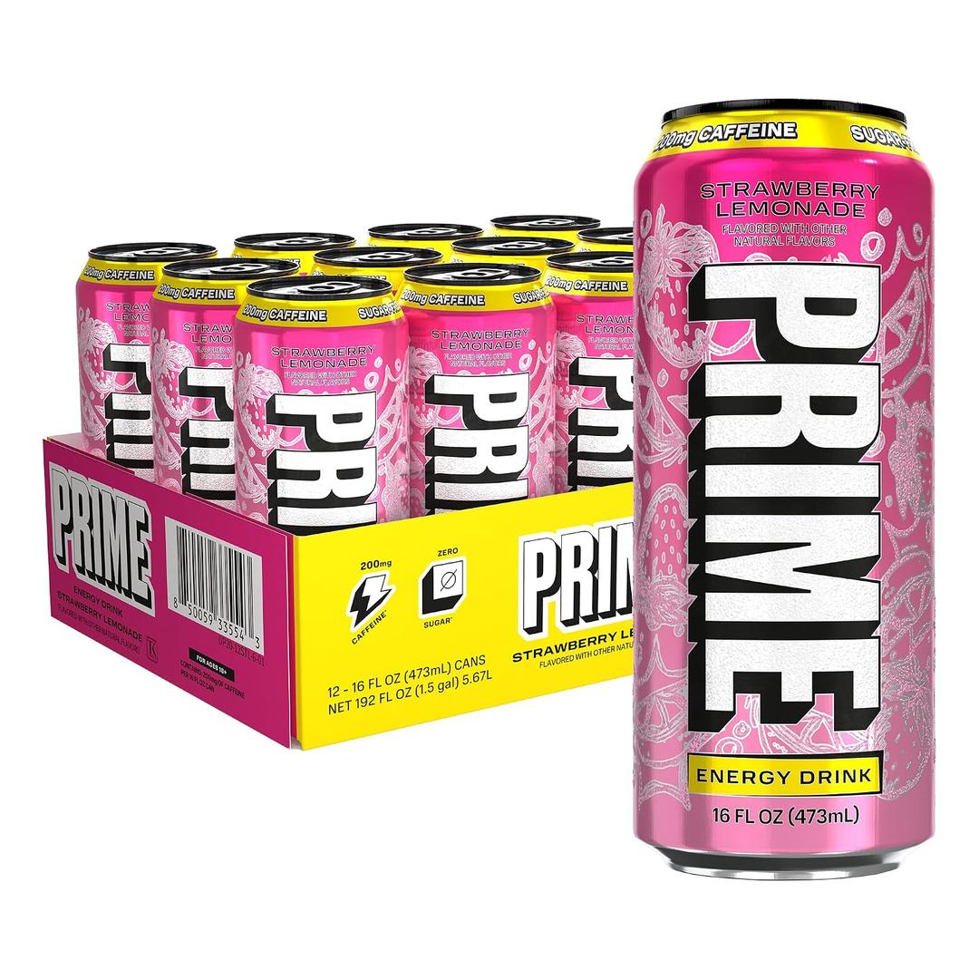 PRIME Energy STRAWBERRY LEMONADE, Sugar Free Energy Drink, 200mg Caffeine and 355mg of Electrolytes for Hydration, Low Calorie, Vegan, Gluten Free,16 Fluid Ounce, 12 Pack (EXP 02/01/28)