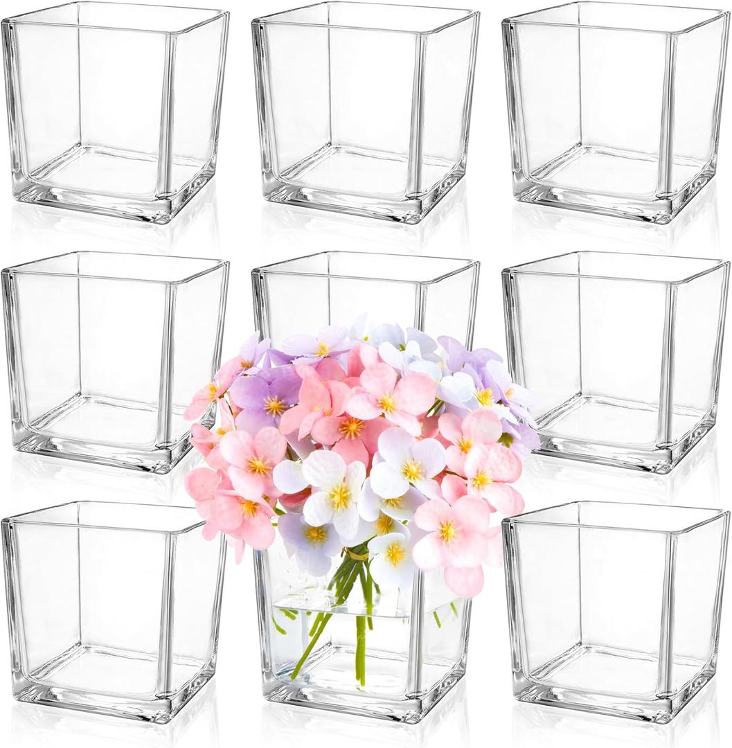 9 Pack Square Glass Vase 4" x 4" x 4", Clear Flower Vase for Centerpieces, Candle Holder for Wedding Party Events, Home Dcor