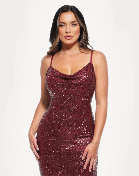 Popilush Sequin Cowl Neck Sculpting Mini Dress, Sparkle Red, XL