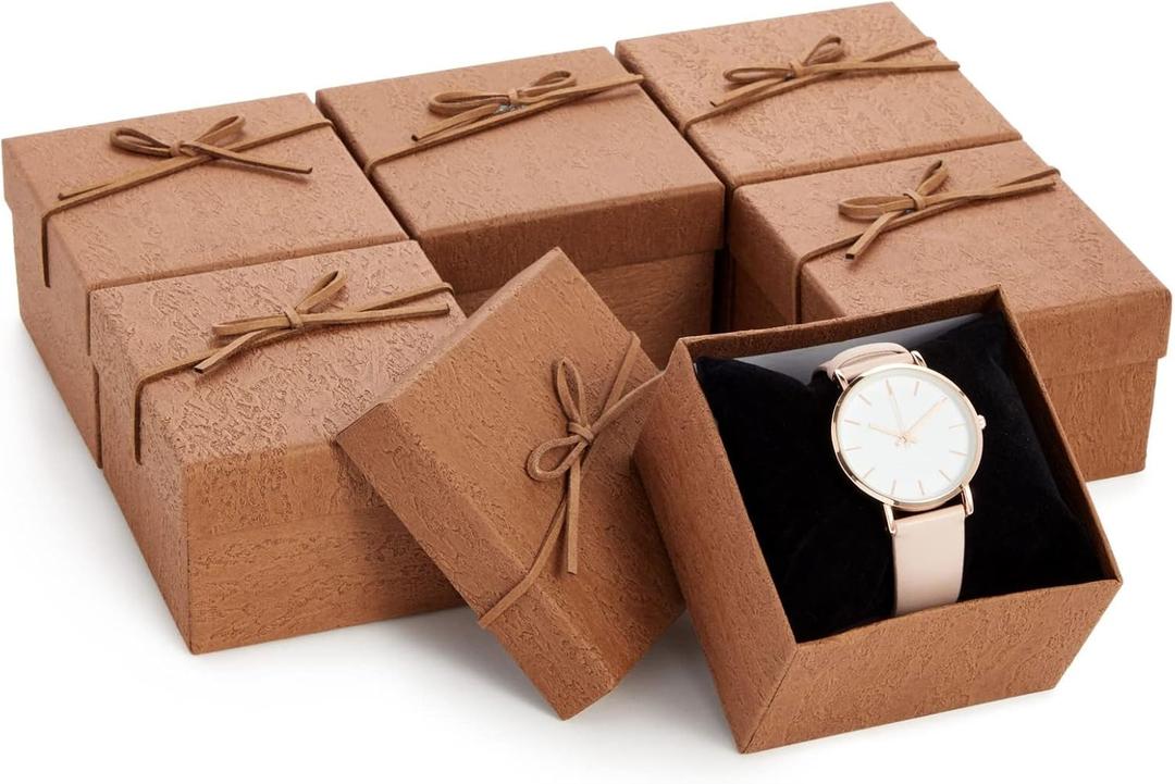 Juvale Bracelet Gift Box 6-Pack - 3.5 x 3.5 x 2.3 in, Brown Country-Rustic Cardboard - Velvet Pillow & Faux Leather Bow Lid - Tiny Jewelry Gift Boxes & Watch Packaging