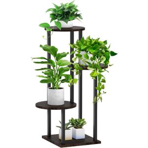 4 Tier Plant Stand Indoor, Metal Wooden Tall Plant Shelf Flower Pot Stand for Multiple Plants, Corner Flower Holder Plant Display Rack for Living Room Balcony Patio Garden (Black) (See Figure)