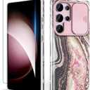 SHEDEER for Samsung Galaxy S25 Ultra Case with Slide Camera Cover & Screen Protector, Anti-Yellowing Chic Pattern, Shockproof Anti-Scratch Slim Thin Phone Cover Samsung S25 Ultra 6.9'', Distant Black