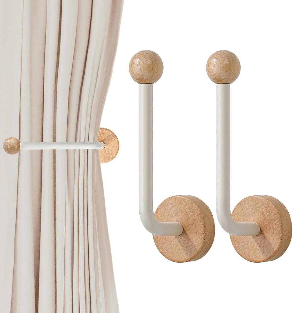 2 Pack Adhesive Curtain Holdbacks no Drill Wood Curtain Tiebacks Wall Mounted Curtain Pull Backs Curtain Tie Backs for Drapes (White)