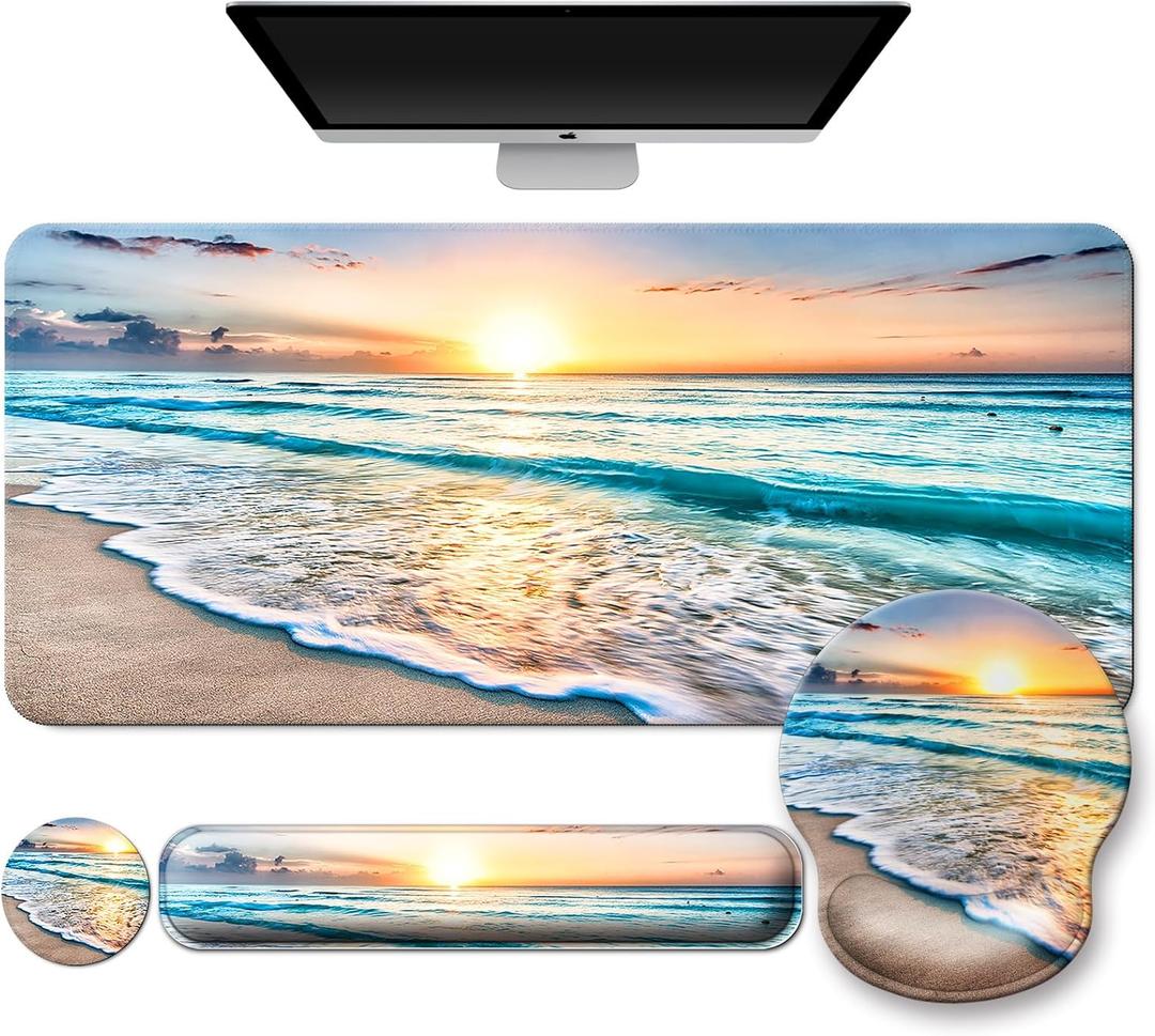 Mouse Pad + Desk Mat + Keyboard Wrist Rest + Coaster 4 in 1 Set, Cute Ergonomic Large Gaming Mousepad with Wrist Rest Support Desk Pad for Computer Laptop Office Home Decor-Beach