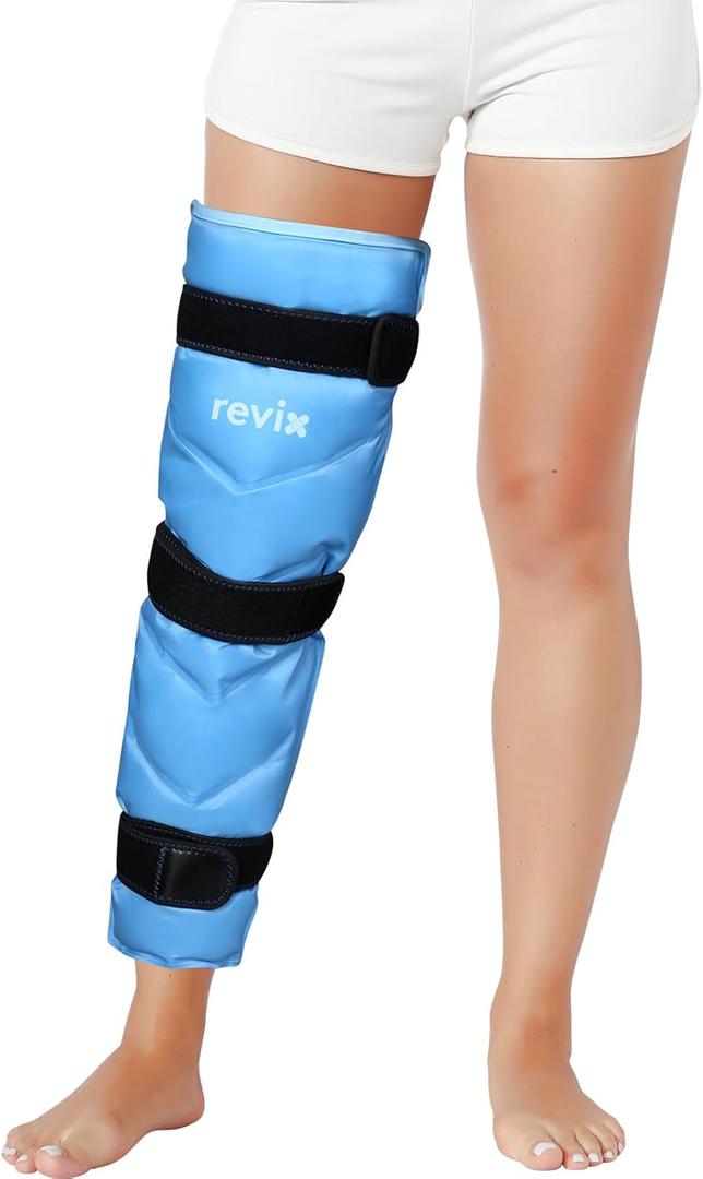 REVIX Full Leg Ice Pack Wrap Around Entire Leg, Reusable Gel Cold Wrap for Hip, Thigh and Knee, Soft Cold Compress Ice Pack Sleeve with 3 Straps (Large (Pack of 1), Blue)