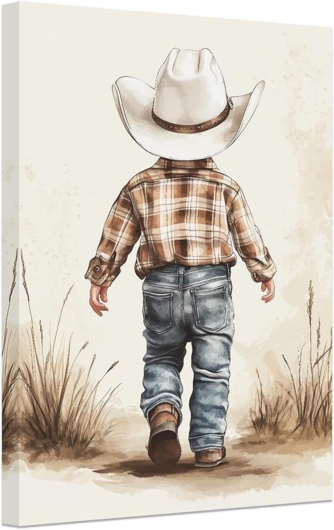 SWQYLB Baby Cowboy Wall Art Cowboy Hat Pictures Cactus Canvas Prints Western Cowboy Theme Nursery Wall Decor Framed (Beige, (24.00" x 36.00"))