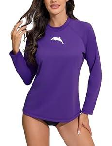 Halcurt Women's Long Sleeve Rash Guard Swim Shirt with Built in Bra Light Weight Quick Dry UPF50 Swimsuit Top M Purple