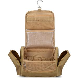 Tactical Toiletry Travel Bag for Men, Hanging Dopp Kit Hygiene Bag Shower Organizer with Hook for Toiletries and Shaving Care, Khaki (Empty Bag)