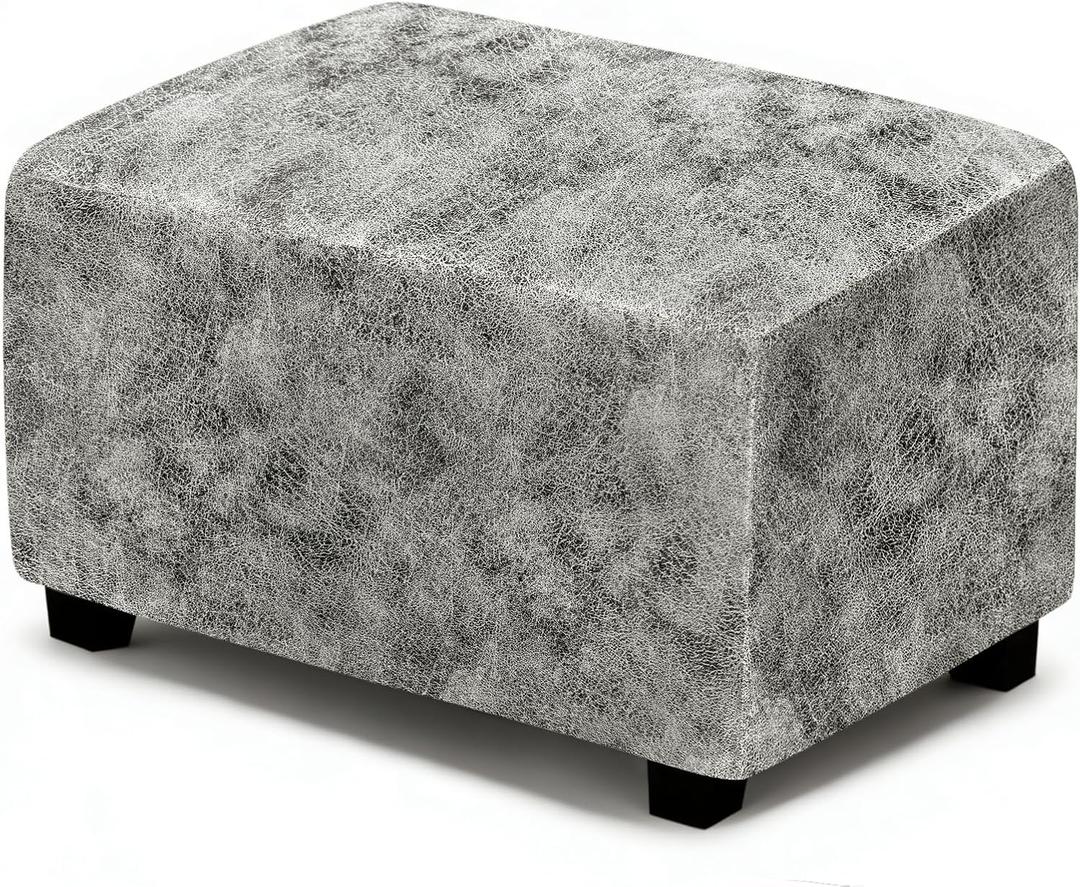 Leather Like Ottoman Cover, Stretch Small/Large Square Ottoman Covers, Rectangular Ottoman Slipcovers with Non-Slip Elastic Bottom for Footstools (Small, Marble)
