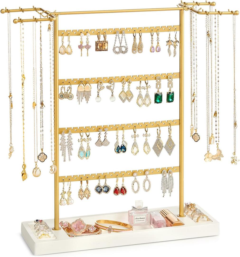 Pinzoveco Jewelry Organizer, 4 Tier Earring Holder Organizer with Base Tray, Jewelry Holder Organizer Stand for Necklaces Holder, Rings, Bracelets, Jewelry Display and Storage (Golden and White)