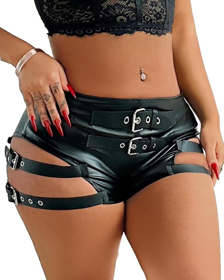 Women Faux Leather Hot Pants Shorts High Waist Slim Sexy Bandage Booty Punk Dance Club PU Leather Festival Rave Shorts (Black, X-Large)