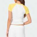 BAIGRAM Women Colorblock Raglan Short Sleeve 80 Letter Graphic Crop Tee Shirt Crewneck Slim Y2K Aesthetic Preppy Summer Tops Yellow (White, S)