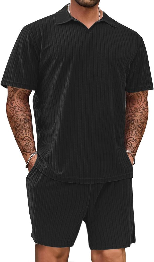 Mens 2 Piece Outfits Polo Shirt and Shorts Set Short Sleeve Tracksuits Casual Athletic Jogging Summer Outfits (X-Large, Black-1)