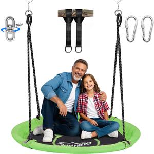 43" Saucer Tree Swing for Kids, 360° Rotate Waterproof Flying Saucer Swing with Swivel, Hanging Straps, Adjustable Ropes, Round Mat Spinner Swing for Tree/Swing Set, Green