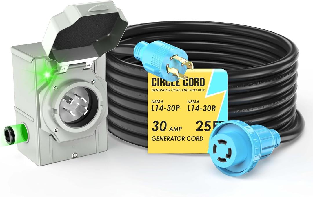 CircleCord 4 Prong 25 Feet 30 Amp Generator Extension Cord and Inlet Box with Locking Connector, Heavy Duty NEMA L14-30P/L14-30R, 125/250V 7500W 10 Gauge SJTW Generator to House Power Cord