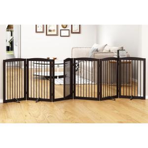 PUPETPO Freestanding Pet Gate with Door, Tall Dog Gate for House, Extra Wide, Pet Puppy Safety Fence, Support Feet Included, 120 Inch Wide, 6 Panels 32" Tall, Brown