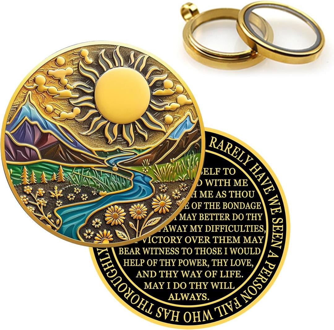 Affirmation Sobriety Coin Gift Set | Sunlight AA Chip Medallion with Token Capsule, Stand & Card | Sobriety Gifts for Anniversary Month & Year for Men & Women in Recovery (Gold & Black)