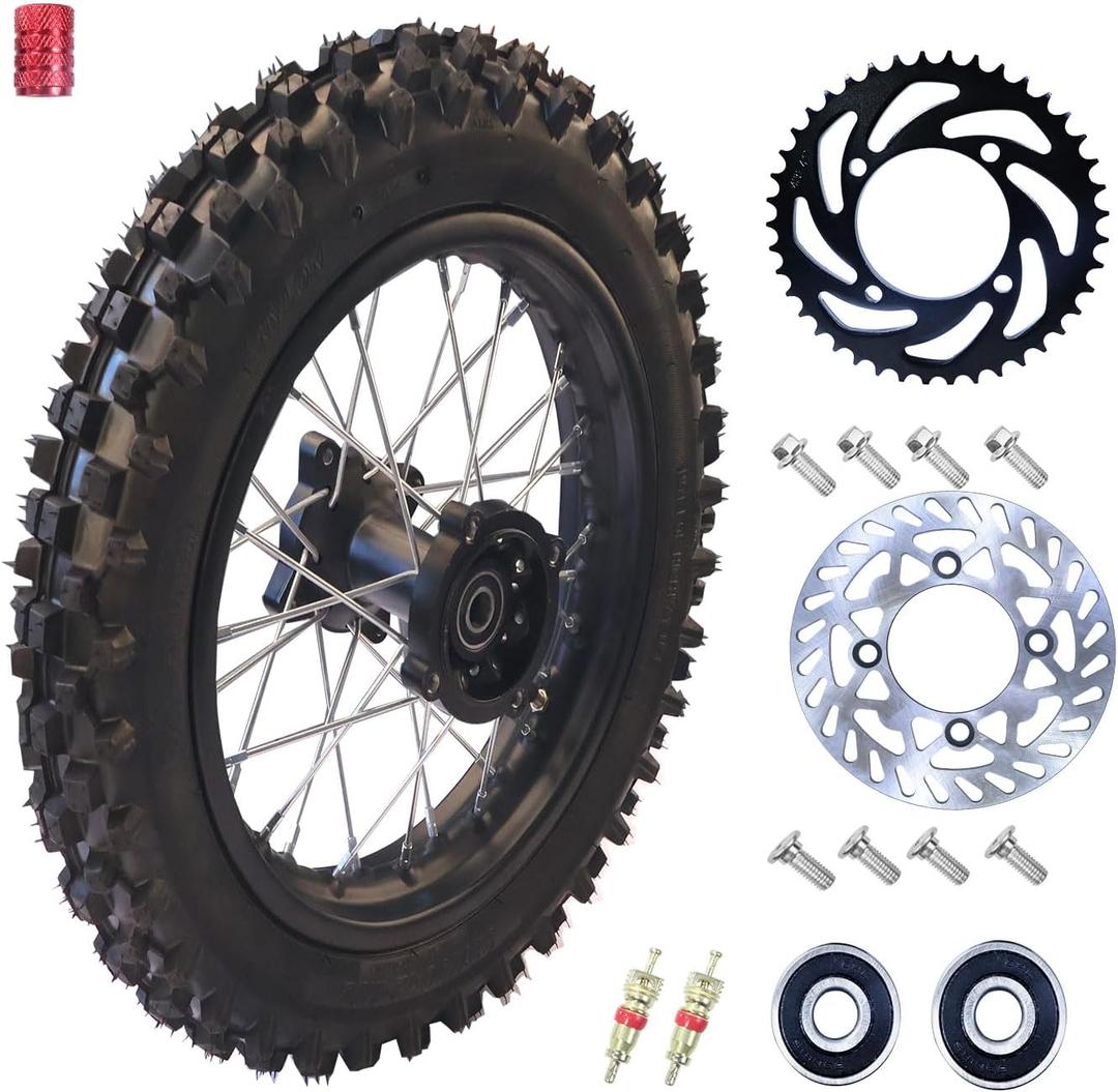 80/100-12 3.00-12 Dirt Bike Rear Wheel Rim Tire With 12-15mm Bearing for 50cc 70cc 90cc 110cc 125cc PW80 CRF70 XR70 TTR90 TTR110 KX65 KLX110 Apollo TaoTao DB14 Coolster Pit Bike Motorcycle