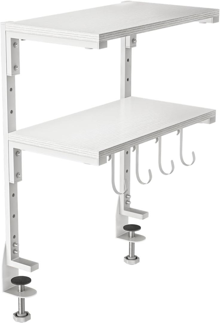 2-Tier Clamp On Desk Shelf, Clamp on Desk Shelf, 13 inch Adjustable Above or Under Wood Desk Storage Shelves, Heavy Duty Desktop Organizer for Working and Gaming Accessories, White