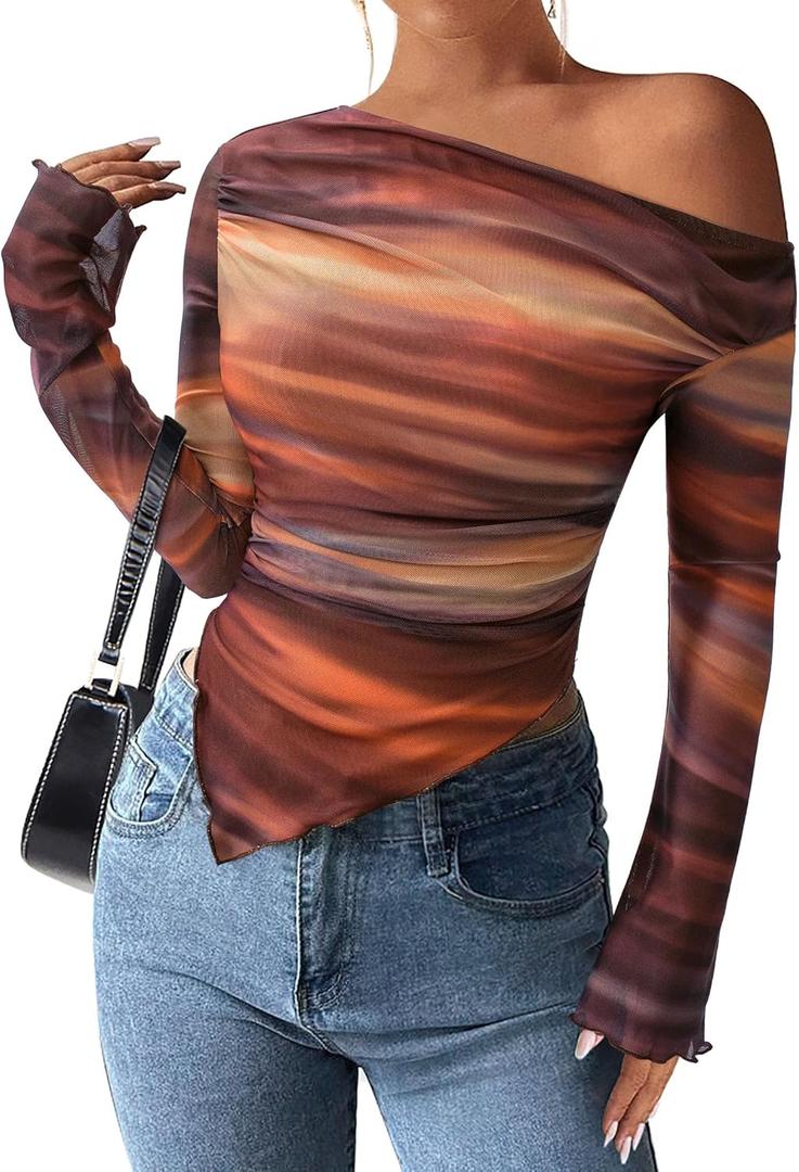 PRETTYGARDEN Womens Fall Trendy Off Shoulder Y2k Tops 2025 Tie Dye Mesh Long Sleeve Shirts Asymmetrical Ruched Floral Blouse (Floral Brown, X-Large)