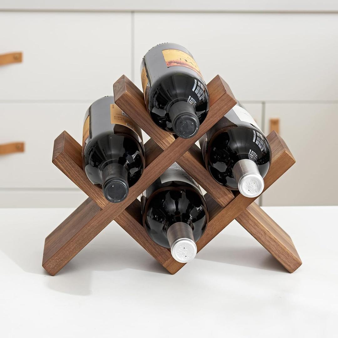 Walnut Wood Wine Storage Rack Countertop, 4 Bottle Wine Rack Free Standing Wine Storage, Wine Shelf Organizer, Perfect for Home Dcor and Wine Gifts, No Need Assembly (Walnut)