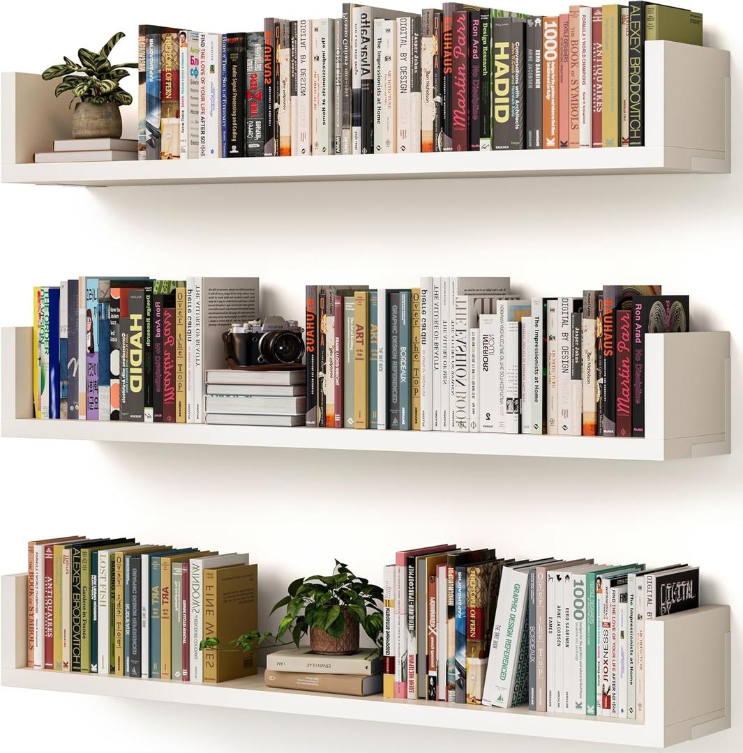 Wall Bookshelf, Set of 3, 36 Inches U Shaped Wall Shelves, Long Deep Floating Shelves, Large Floating Book Shelves - Wood Hanging Bookshelves for Kitchen, Bedroom (White)