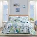 Tritard 3 Piece Coastal Beach Quilt Set Full/Queen Size Ocean Beach Themed Bedding Set Microfiber Lightweight Bedspread Coverlet with 2 Shams Starfish Coral Bed Covers for All Season, 90''x96''