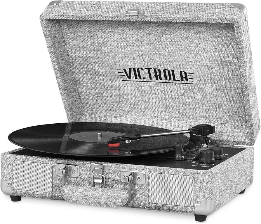 Victrola Journey Bluetooth Portable Suitcase Record Player with Built-in Speakers, 3 Speed Vinyl Record Player, RCA Out, Headphone Jack (Grey Rose Gold)