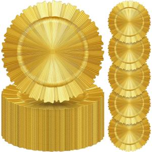 Mifoci 50 Pcs Bright Gold Charger Plates Bulk 13 Inch Plastic Round Chargers Fluted Edge Dinner Plate Wedding Decoration for Table Setting Wedding Party Event Tabletop