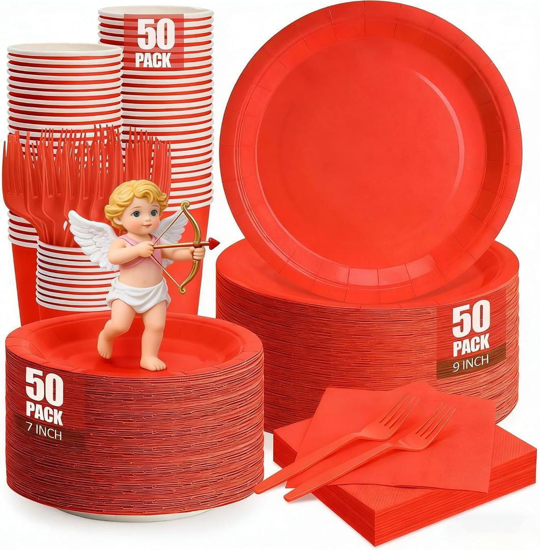 250Pcs Red Paper Plates and Napkins Party Supplies Include 9’’Disposable Red Party Plate, 7’’Dessert Plates Cups Napkins Forks Sets for Birthdays, Weddings, Graduations, Valentines, Serves 50, 50SET
