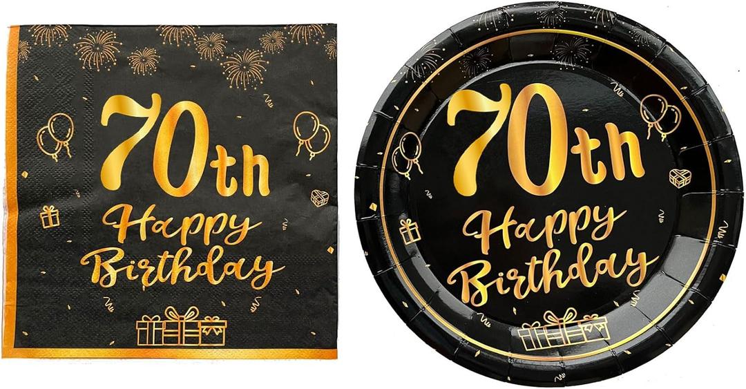 36PCS Happy Birthday Decorations Black Gold Party Supplies Set Includes Disposable Paper Birthday Plates and Napkins for 70th Decorations