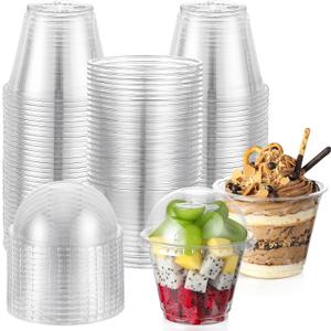 AOZITA 100 Sets, 9 oz Clear Plastic Cups with Dome Lids (No Hole) - Disposable Cups for Ice Cream,Cake,Fruit,Parfait, Dessert, Pudding and Jello Shot