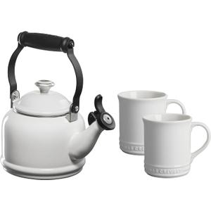 Le Creuset Enamel On Steel Demi Kettle with Metal Finishes & Stoneware Set of 2 Mugs, 1.25 qt. Kettle & (2) 14 oz. Mugs, White