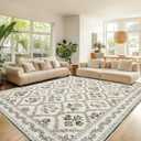 9x12 Olive Green Area Rugs Washable Rug for Living Room Big Bedroom Faux Wool Soft No Slip Floral Emerald Hunter Green and Beige Boho Vintage Extra Large Carpet for Dining Room Under Table 9x12