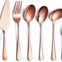 6-Piece Copper Serving Flatware Silverware Set,Stainless Steel Serving Utensil Set,Include Cake Server, Slotted Serving Spoon, Serving Spoon, Cold Meat Fork, Butter Knife, Soup Ladle