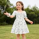 GRNSHTS Toddler Girl Summer Dress Short Sleeve Beach Sundress with Headband(Blue Flower+White,6T)