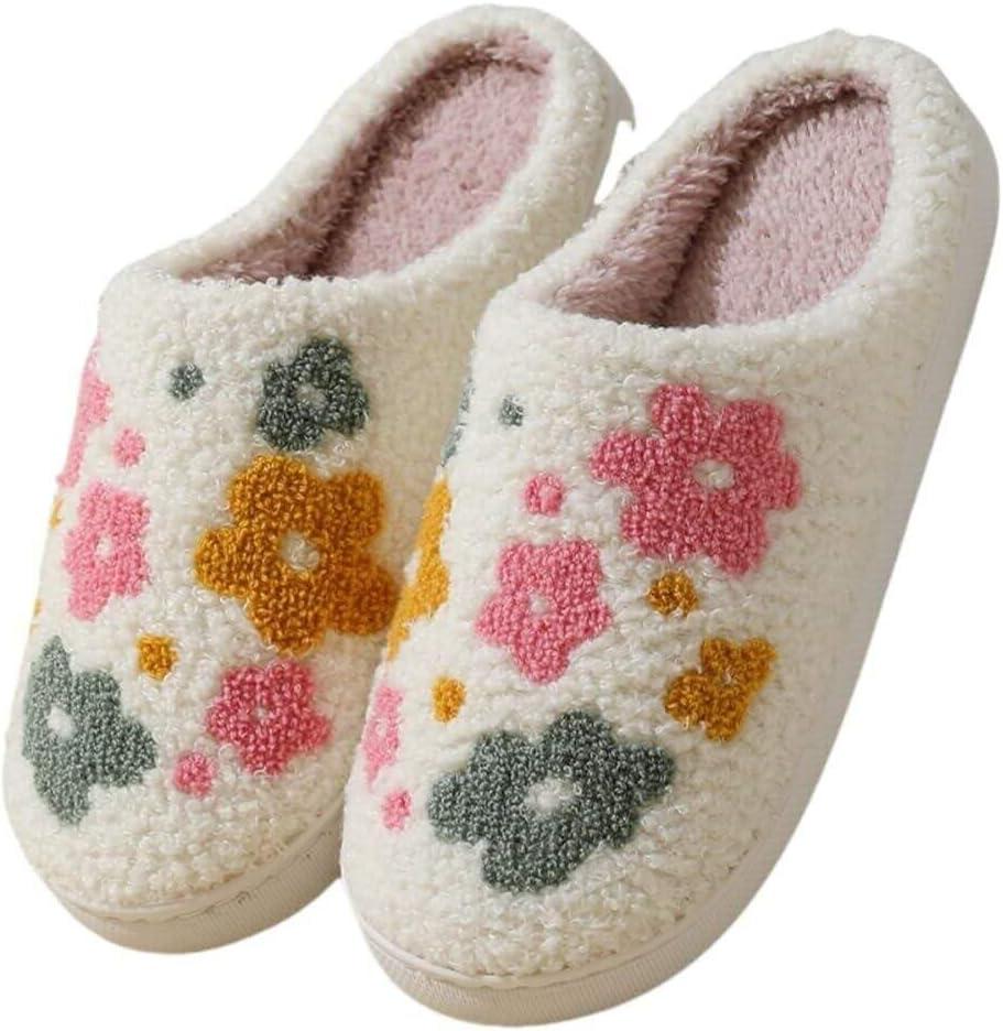 Cozy Furry House Slippers for Women/Men Cute Warm Indoor Non-Slip Winter Cozy Shoes (7-8 Women/5.5-6.5/Men, Flower)