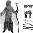 Spooktacular Creations Child Unisex Grim Reaper Costume, Halloween Costume with Glowing Red Eyes for Kids Trick-or-Treating (Medium(8-10 yr))