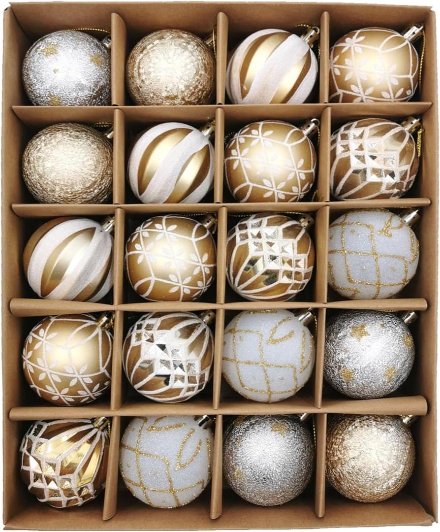 Christmas Ball Ornaments Set, 20ct 60mm Elegant White and Gold Assorted Christmas Tree Decorations, Shatterproof Christmas Tree Hanging Ornaments for Xmas Decoration