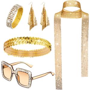 Sasylvia 5 Pcs 70s Disco Accessories Halloween Women Costume Jewelry Sequin Scarf Earrings Sunglasses Bracelet Headband (Gold)