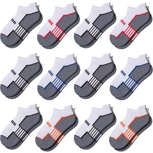 Comfoex 12 Pairs Boys Socks - Ankle Low Cut Athletic Half Cushioned Short Socks For Kids 4-10 Years Old